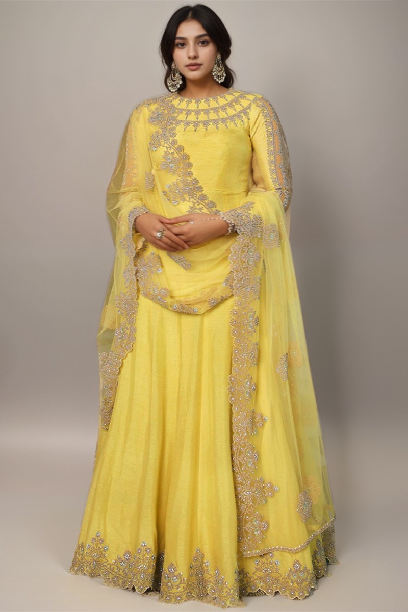 Buy Yellow Silk Plus Size Anarkali Suit With Churidar Online