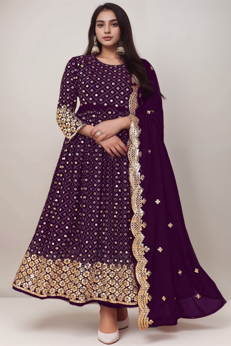 Buy Dark Purple Plus Size Georgette Embroidered Wedding Anarkali