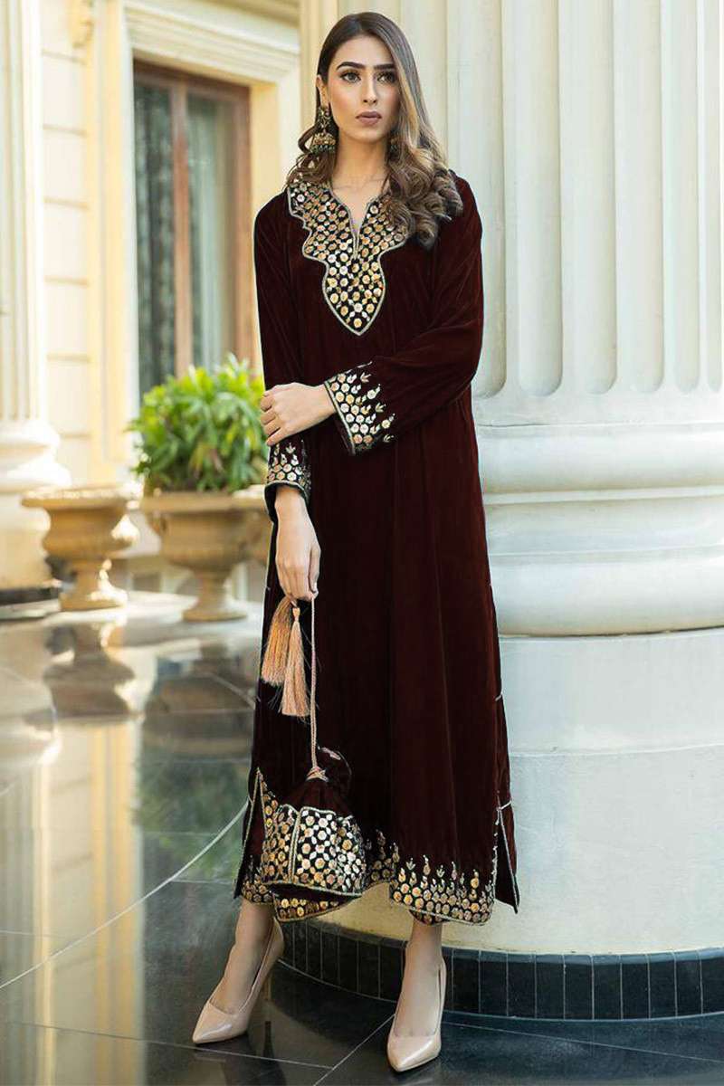 Womens Fashion Clothes Trouser Suit in Dark Brown Embroidered Fabric  LSTV112715