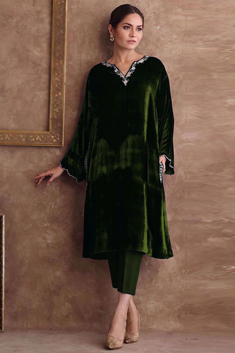 Wedding Collection Online Zari Embroidered Moss Green Trouser Suit  LSTV113254