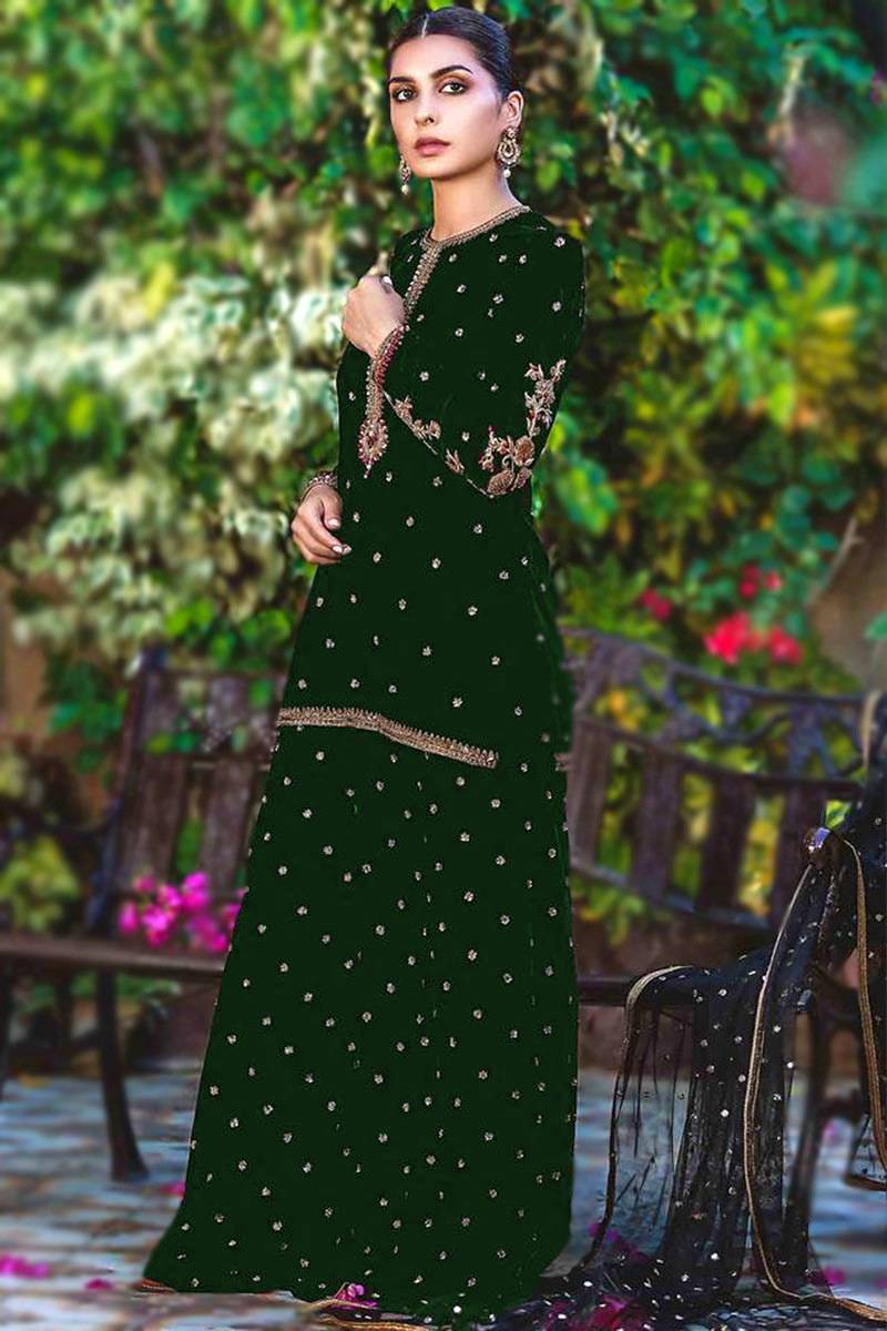 Andaaz Fashion Women's Forest Green Velvet Straight Cut Pakistani Designer Sharara Suit