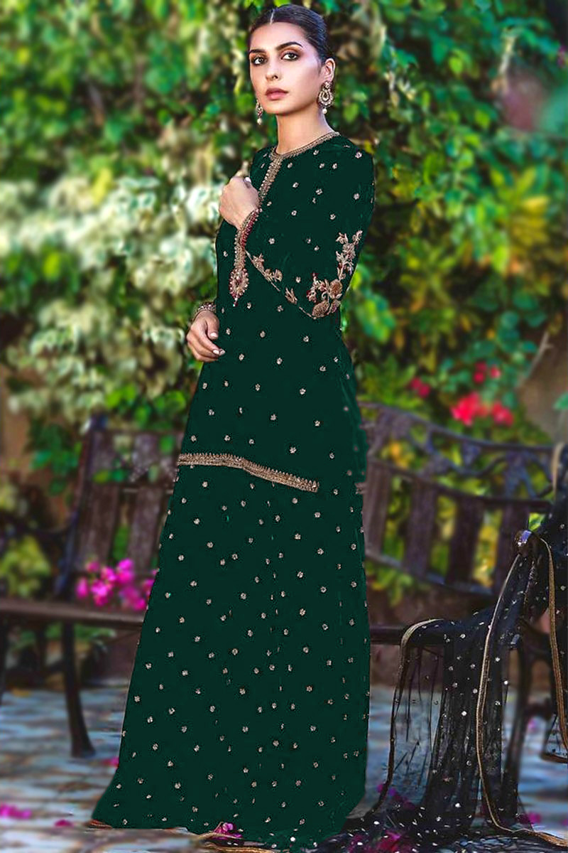 Peacock Green Velvet Straight Cut Pakistani Designer Sharara Suit Peacock Green Velvet Straight Cut Pakistani Designer Sharara Suit