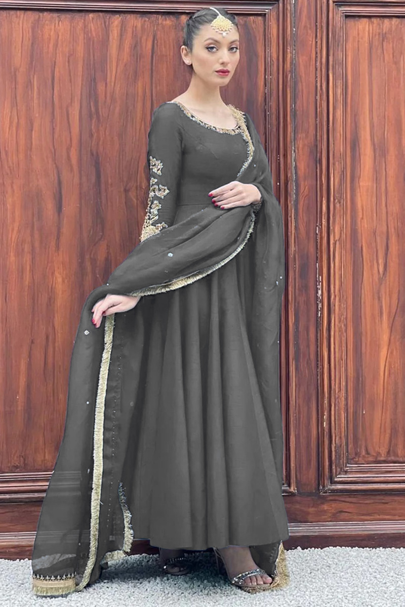 Embroidered Bangalori Silk Grey Party Wear Anarkali Suit
