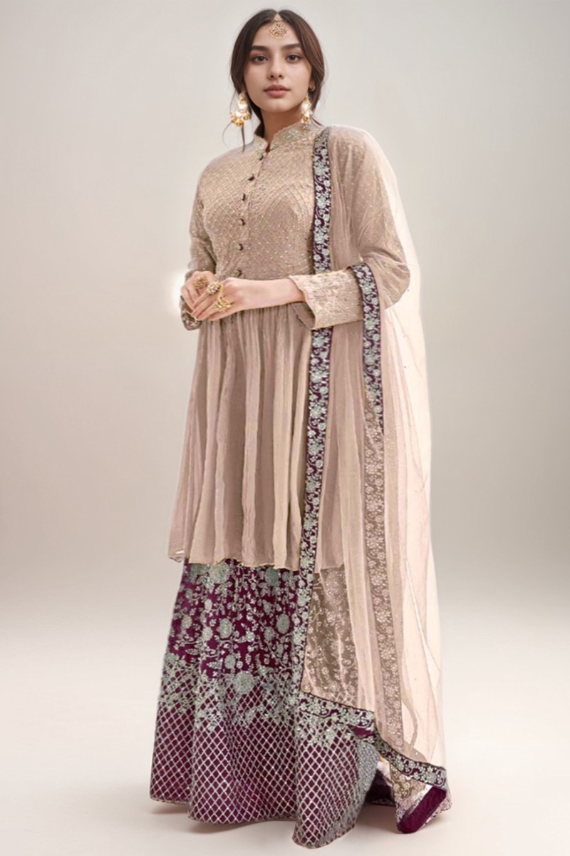 Buy Light Brown Large Size Embroidered Georgette Sharara Suit For Eid Online Lstv P