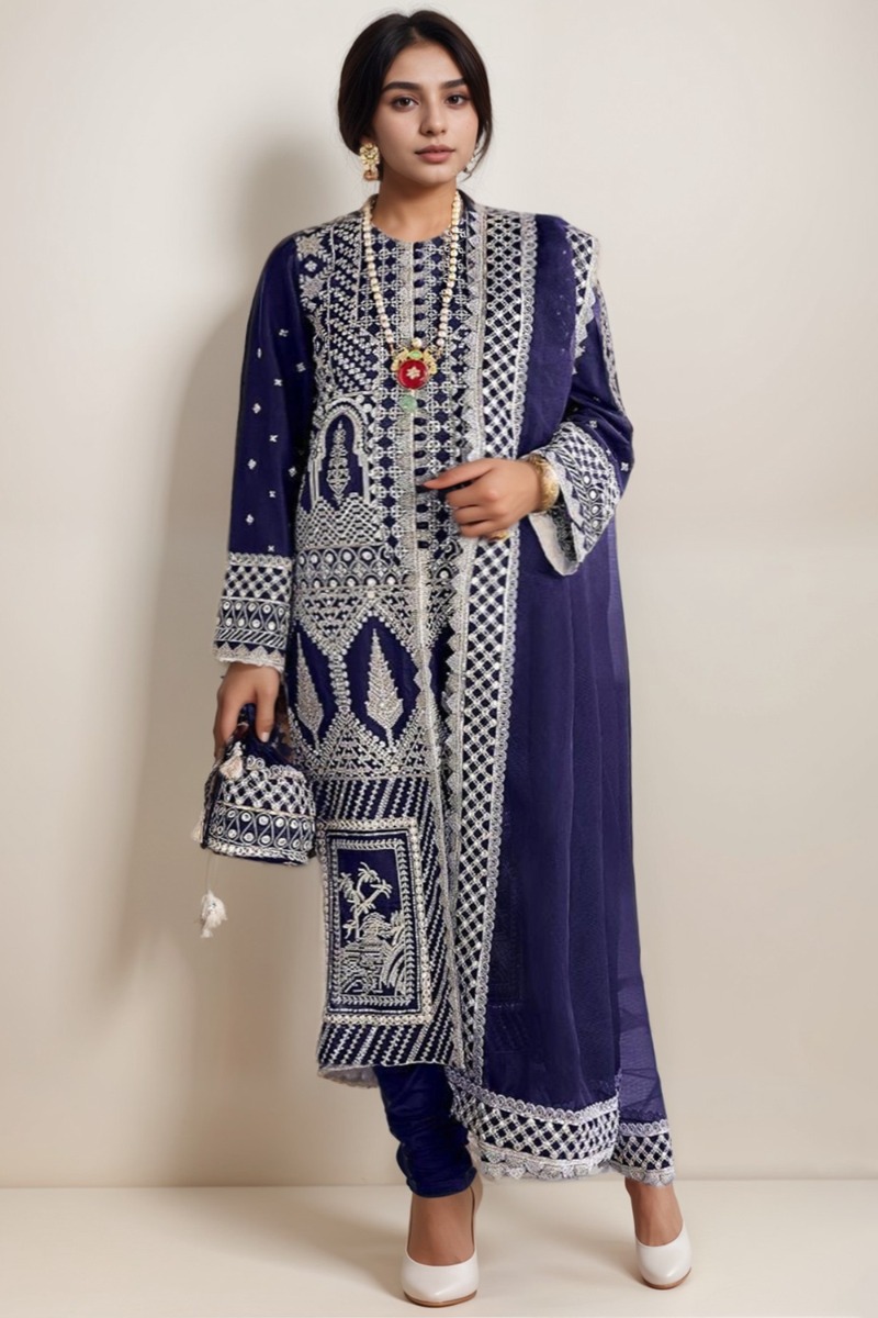 Buy Navy Blue Georgette Embroidered Large Size Churidar Suit