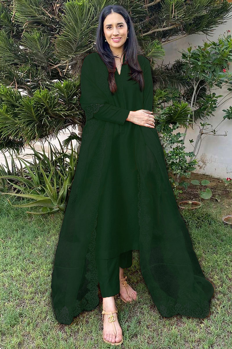 Silk Dark Green Straight Cut Trouser Suit LSTV114762