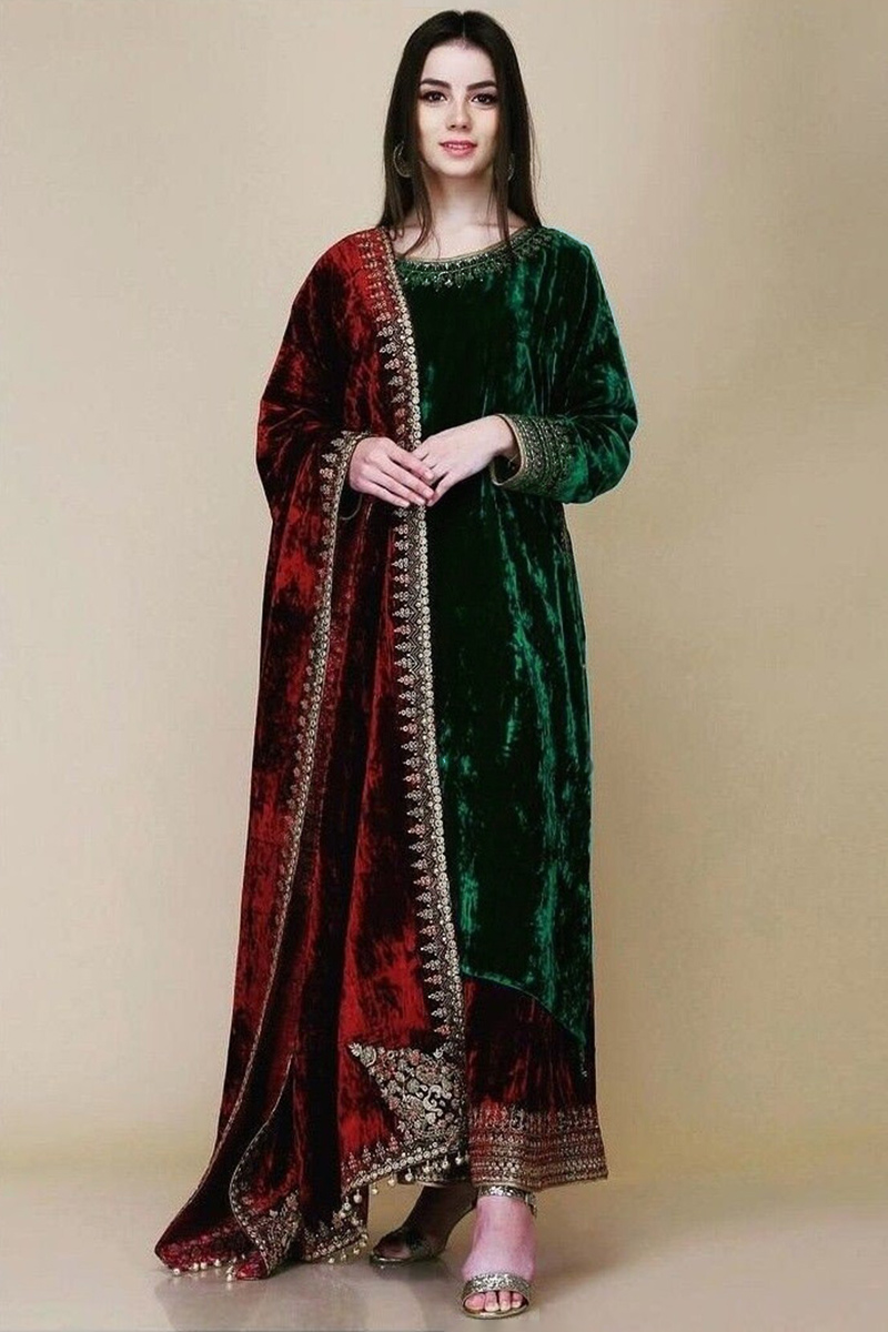 Ethnic Pakistani salwar kameez velvet dark seegreen colored embroidered dress with organza fancy duppatta made on custom order 2024