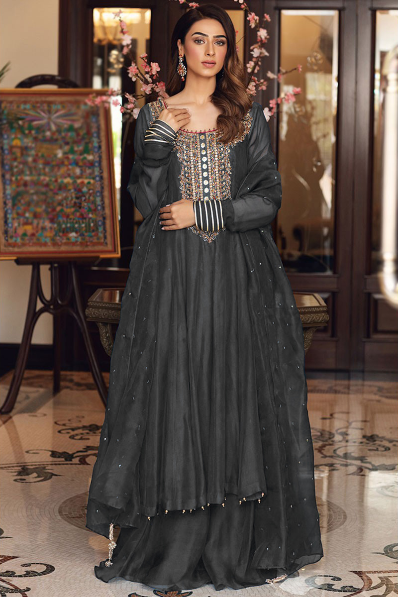 Buy Festival Design Organza Dark Grey Sharara Suit LSTV115192