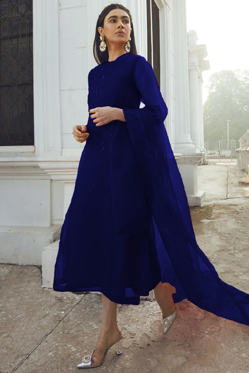 Dark Blue Organza Embroidered Designer Trouser Suit