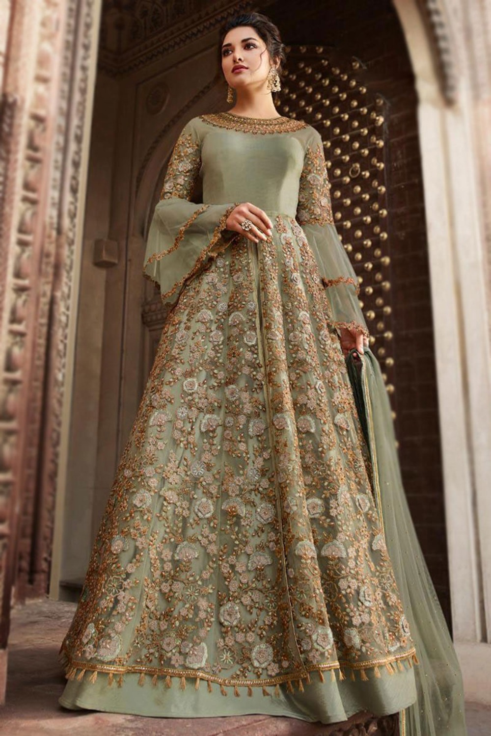 Buy Greenish Grey Party Wear Zari Plus Size Embroidered Eid