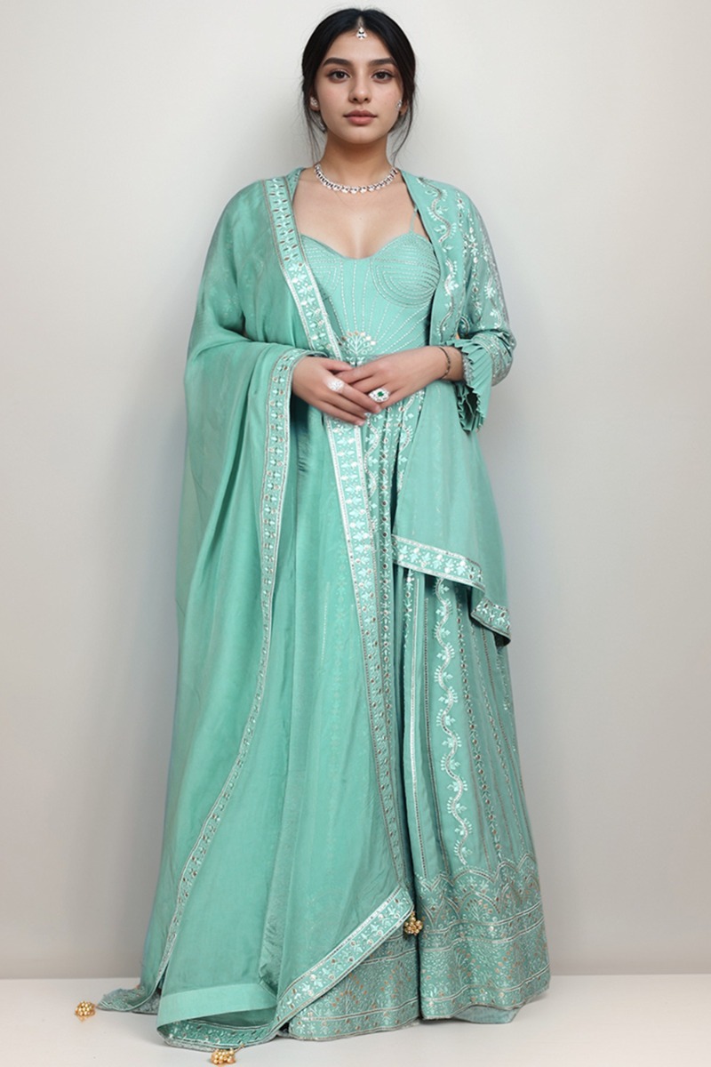 Buy Turquoise Blue Georgette Anarkali with Churidar Plus Size
