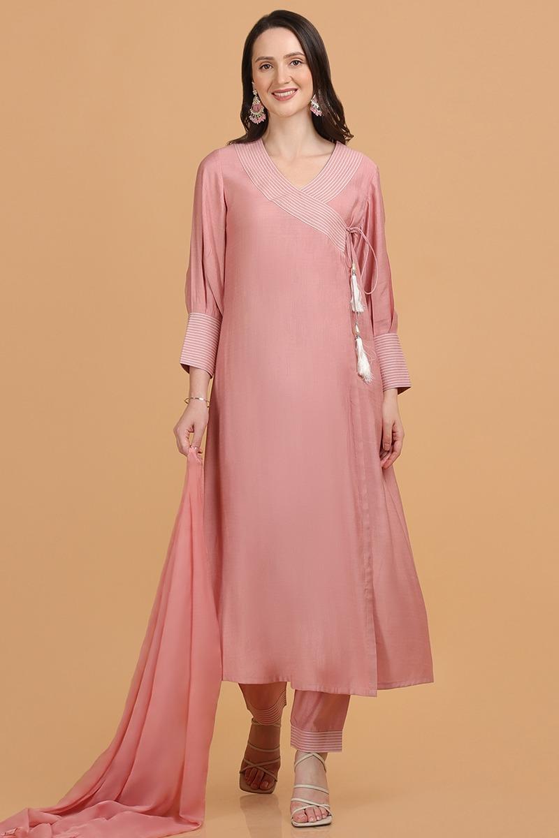Andaaz Fashion Women's Dusty Pink Linen Embroidered Angrakha Style Designer Trouser Salwar Kameez