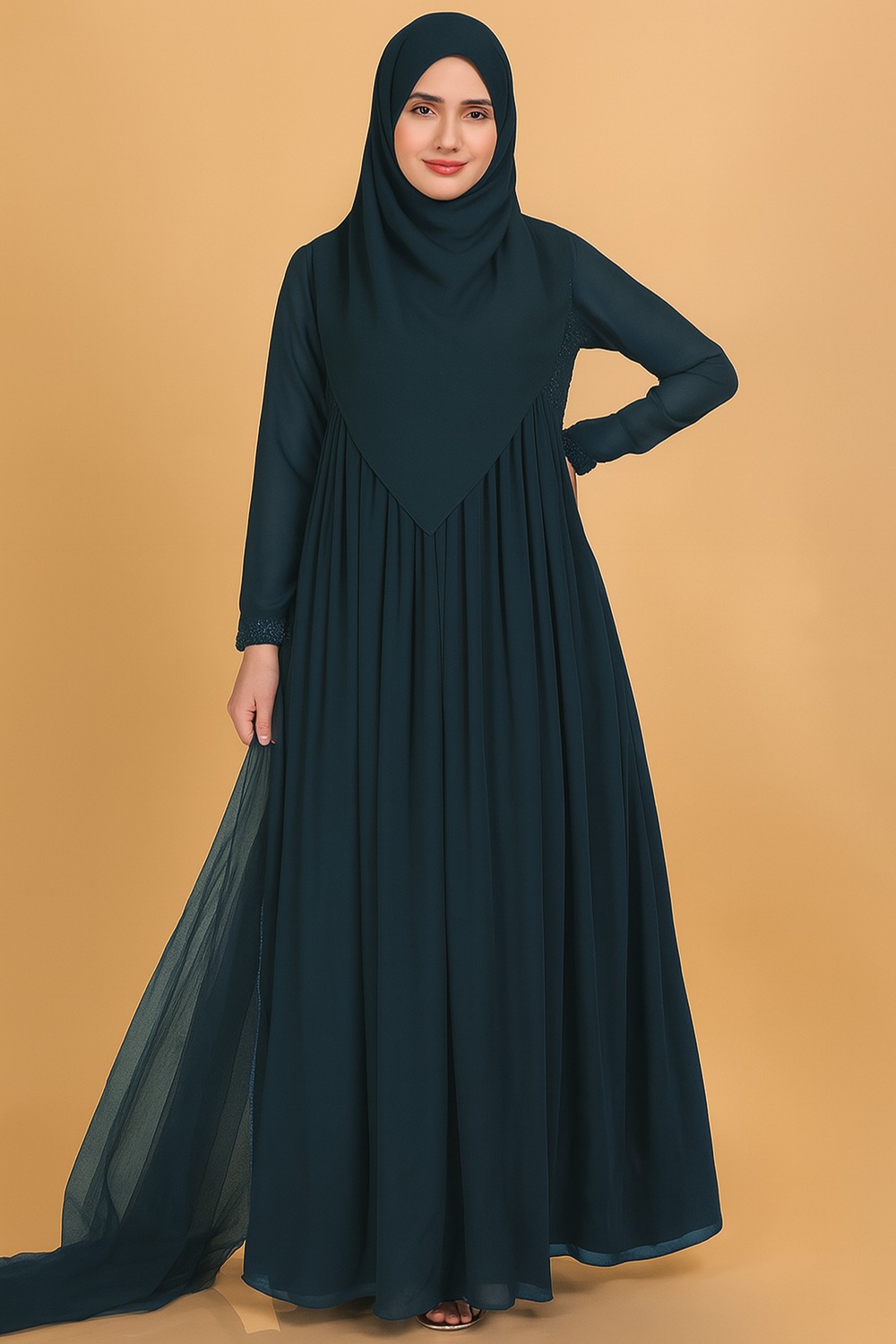 Dark Teal Green Georgette Embroidered Flared Style Gown With Hijab