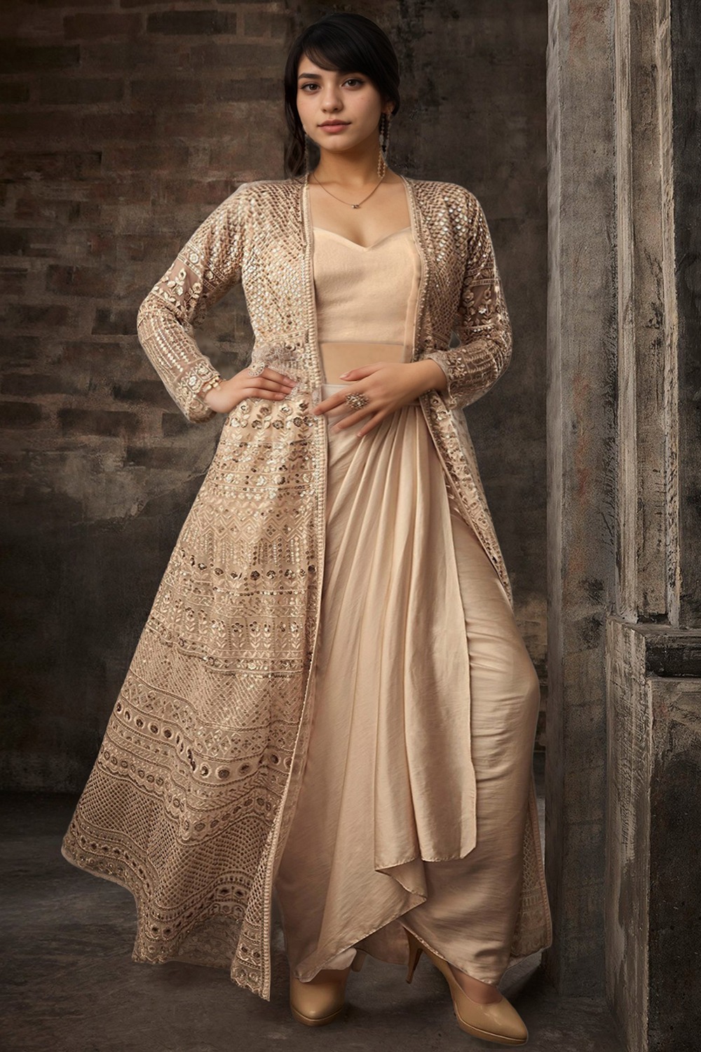 Plus Size Plain Beige Indo Western Jacket Style Dhoti With Top