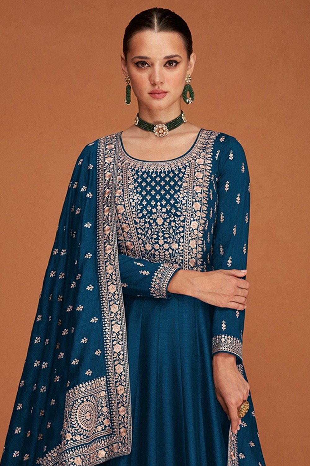PEACOCK BLUE  SILK EMBROIDERED 3 PCS. SUIT WITH POTLI main image 0