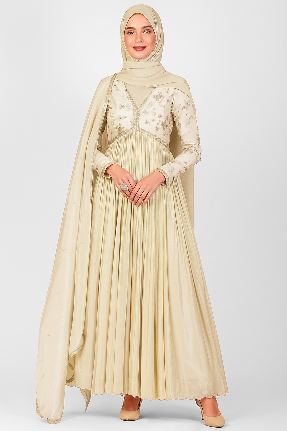 gold dress with hijab Luxorious Gold Islamic Evening Dresses High Neck Hijab Formal Party Go –  Aroosah main image 1