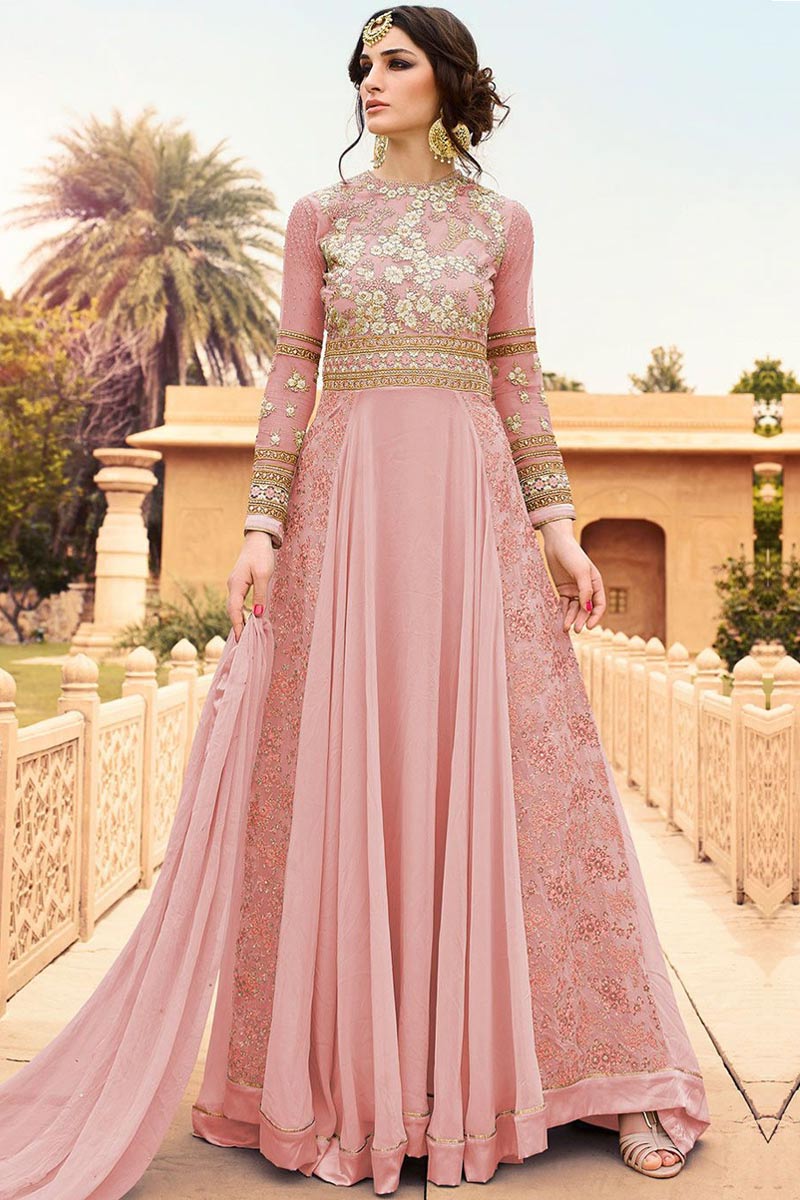 Charming Pink Heavy Georgette Gown Kurta order With Heavy Embroidery Work And Sequins Work With Georgette Dupatta For Women, Pink Gown, Anarkali