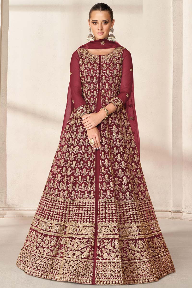 Simple Long Frock Suit With Jacket Maroon Satin Silk Embroidered