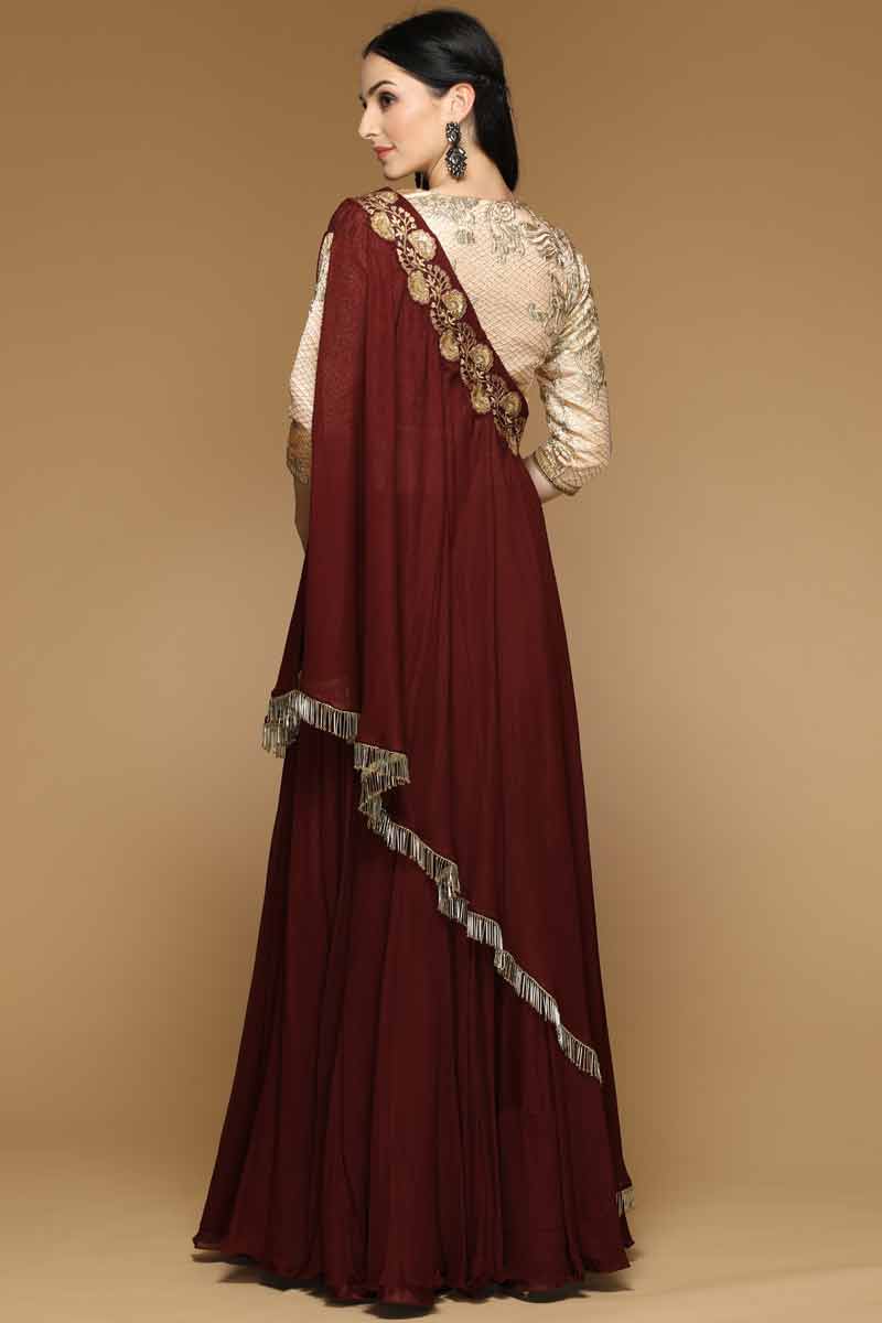 Buy Maroon Crepe Lehenga With Golden Brocade Choli Online 1965 Andaaz Fashion