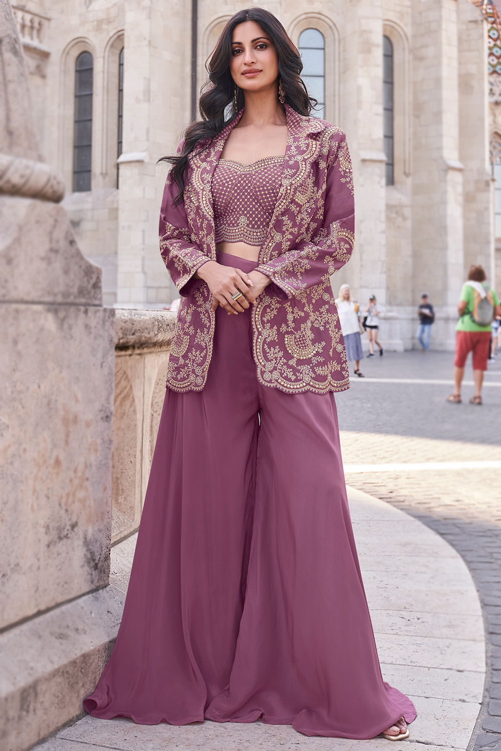 Mauve Pink Silk Embroidered Indo Western Dress LSTV133540