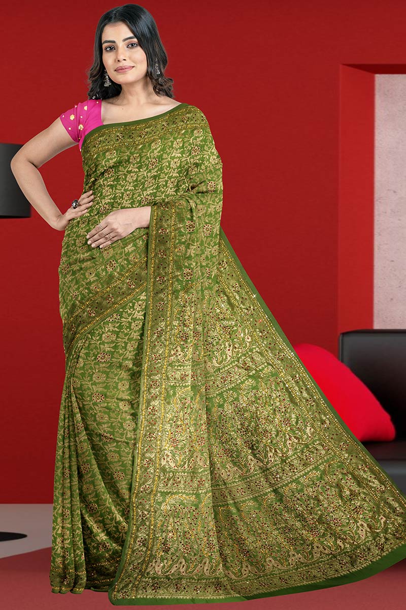 Buy Mehndi Green Silk Saree With Silk Blouse Online SARV08825