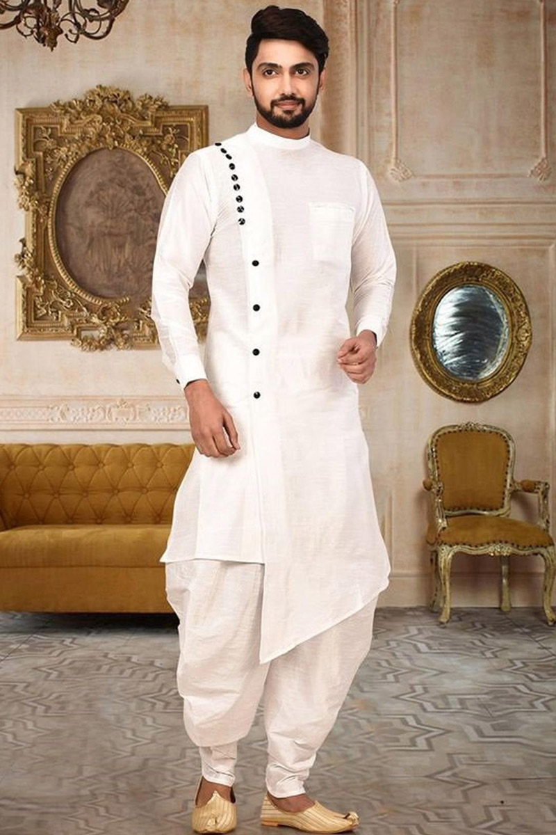 Buy Men White Asymmetrical Kurta With Dhoti Online MKPV0469