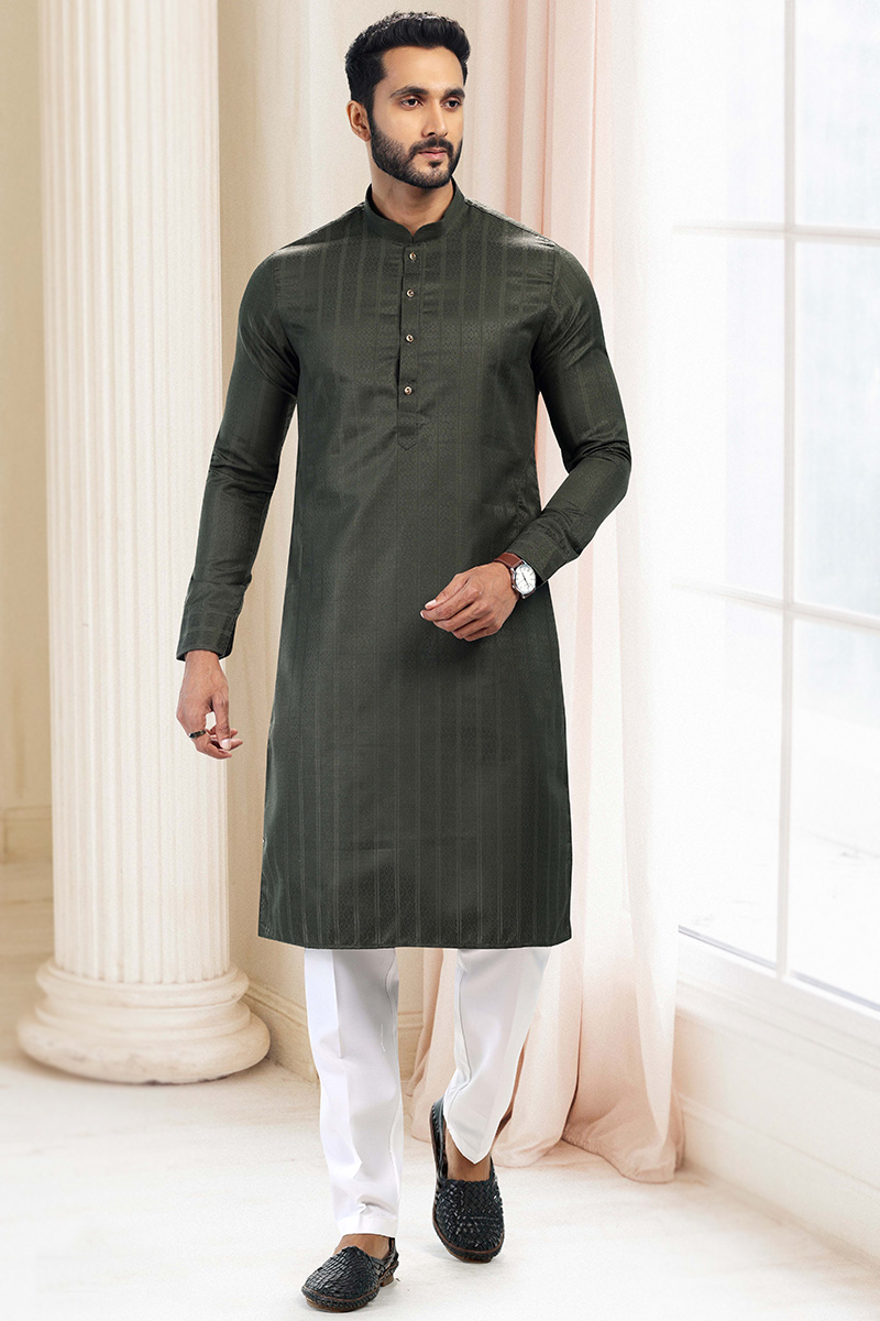 Men's Kurta Pajama for Mehndi in Silk Dark Olive Green MKPA04561