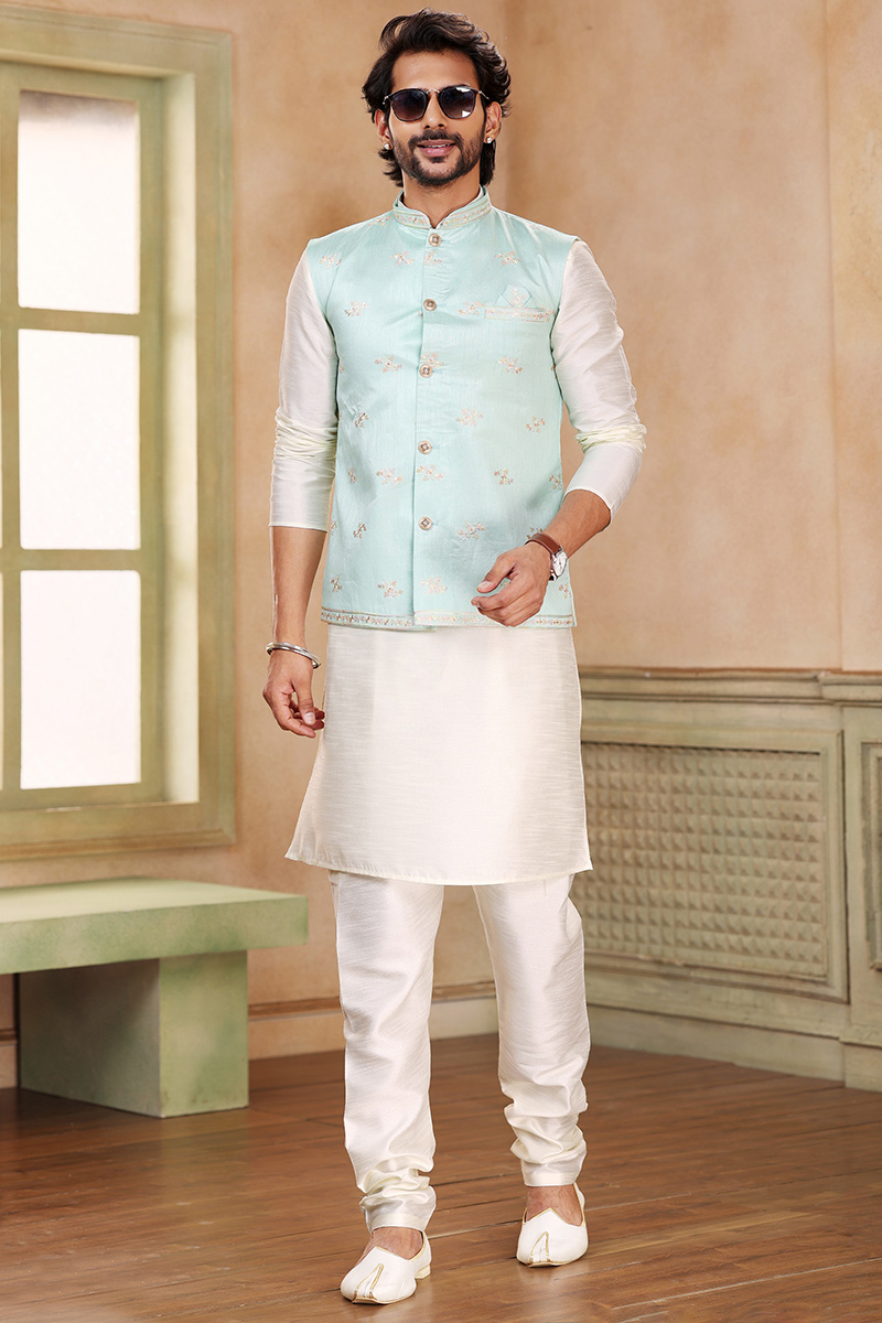 Men's Kurta Pajama With Waistcoat with Resham Thread Embroidery