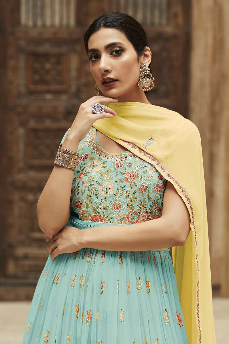 Sky Blue Georgette Anarkali Suit With Bottom & Dupatta For Indian & Pakistani Wedding Festival - Thread, Zari & Sequins Embroidery Work