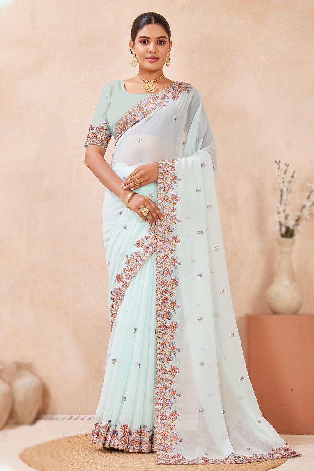 Mint Blue Georgette Light Weight Resham Thread Saree - SARV198759