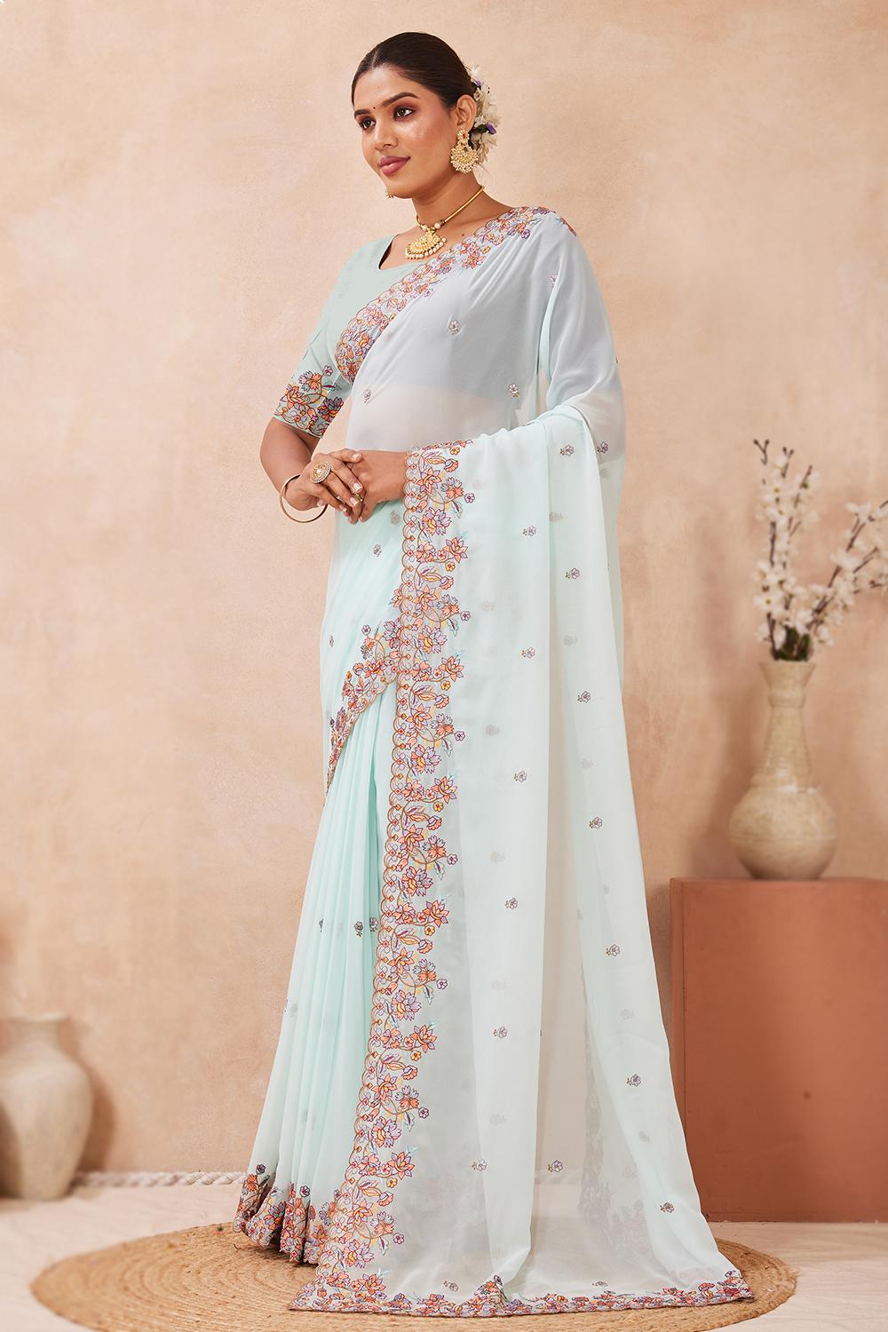 Mint Blue Georgette Light Weight Resham Thread Saree - SARV198759