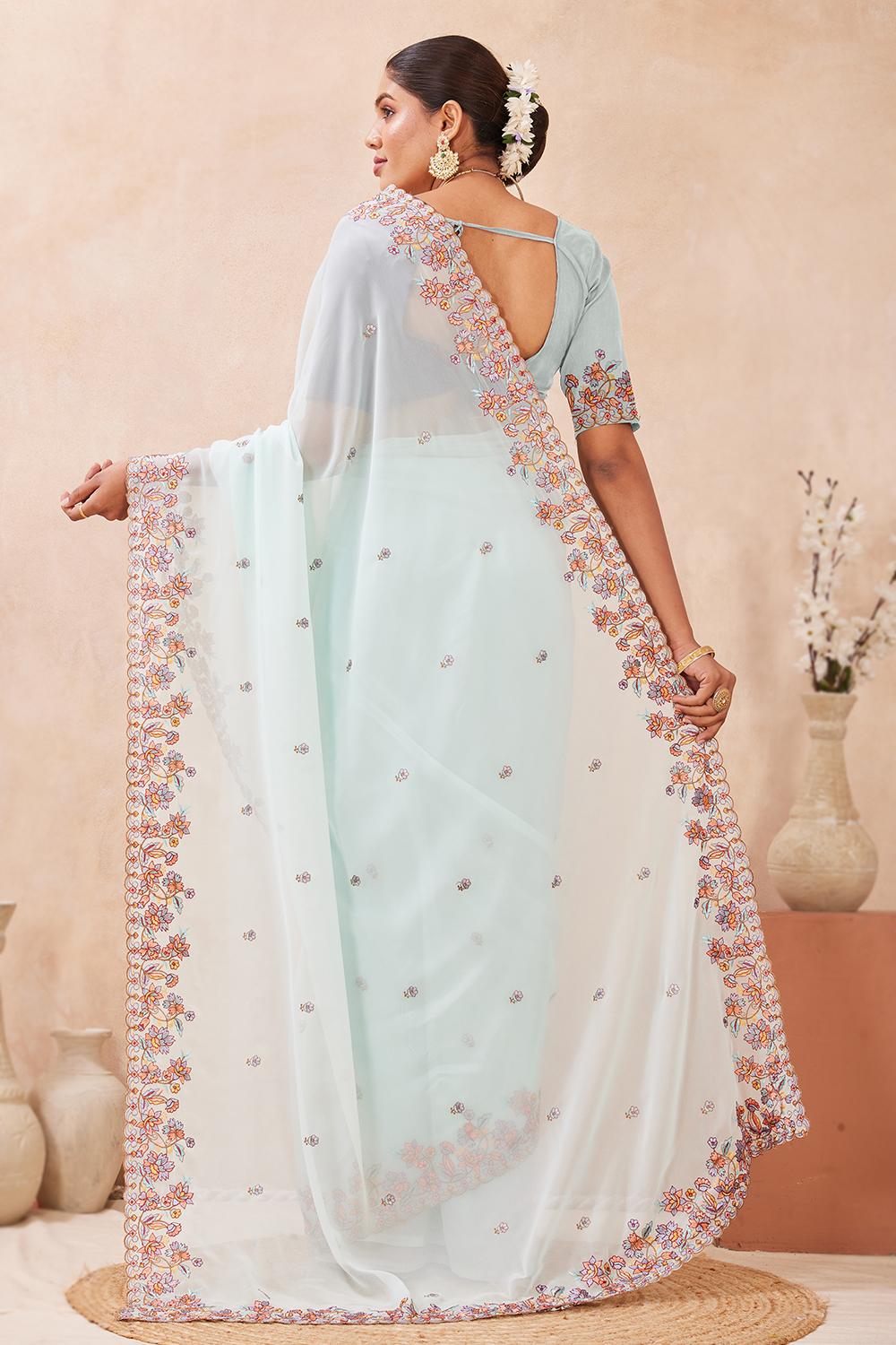 Mint Blue Georgette Light Weight Resham Thread Saree - SARV198759
