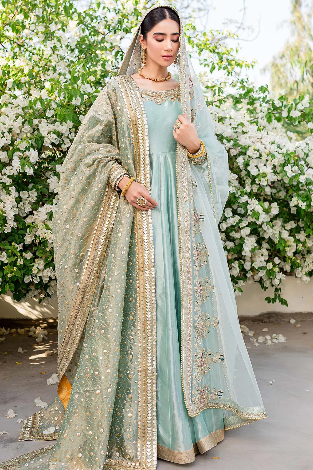 Mint Blue Silk Blend Embroidered A Line Anarkali Suit For Sangeet
