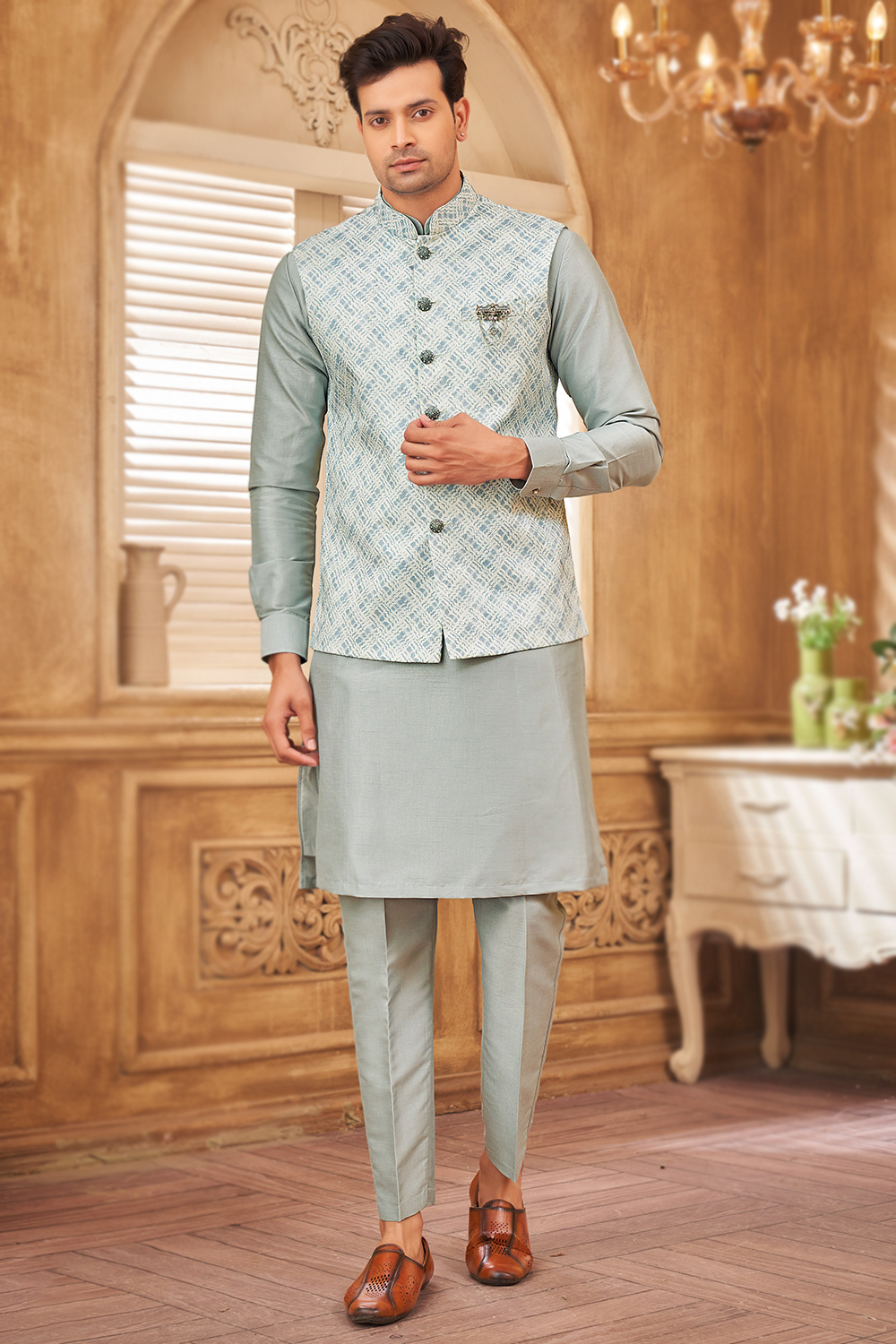 Mint Blue Silk Men's Plain Kurta Pajama With Printed Jacket MKPA08000