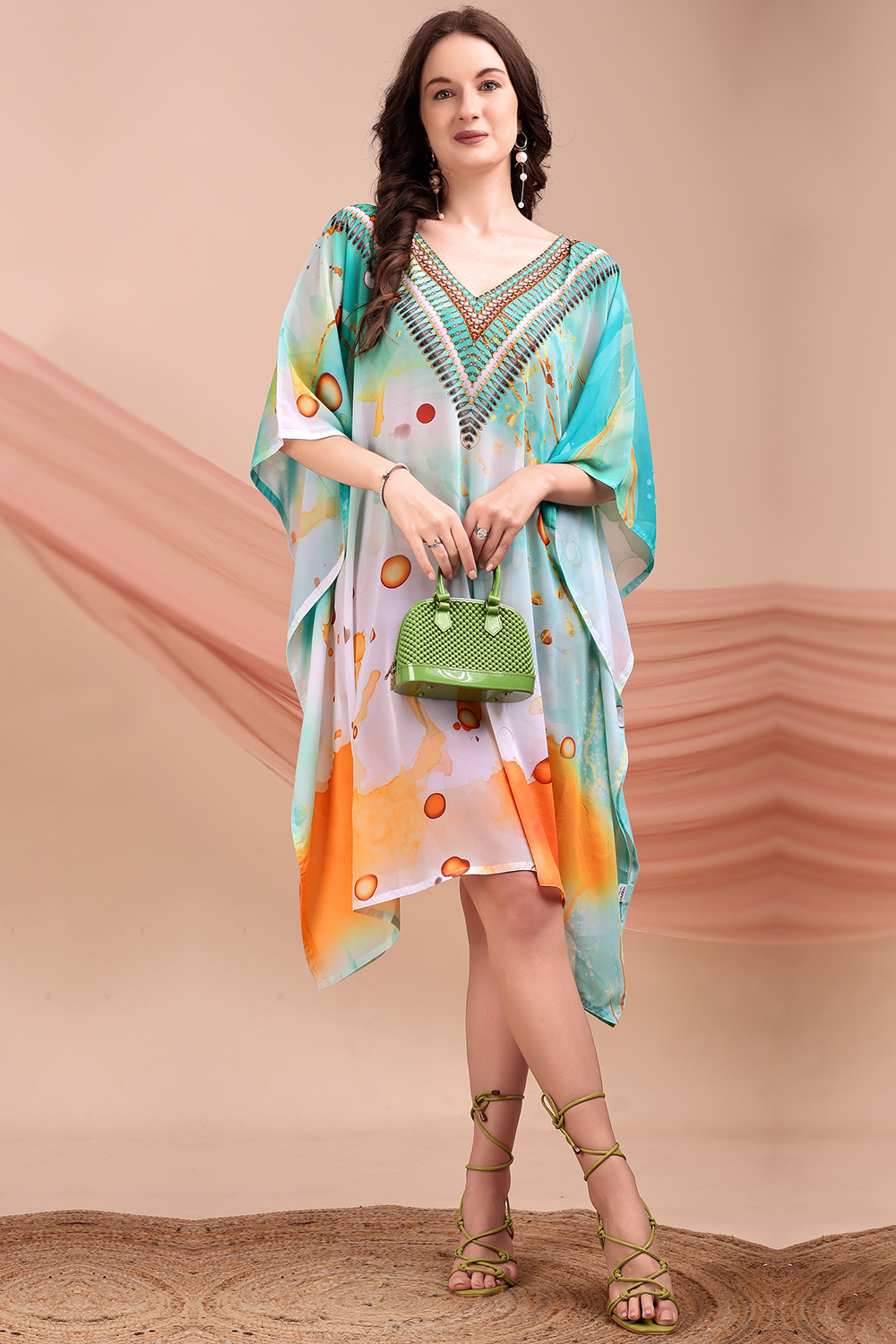 Mint Green Georgette Kaftan With Printed Work For Casual Wear - LKV004593