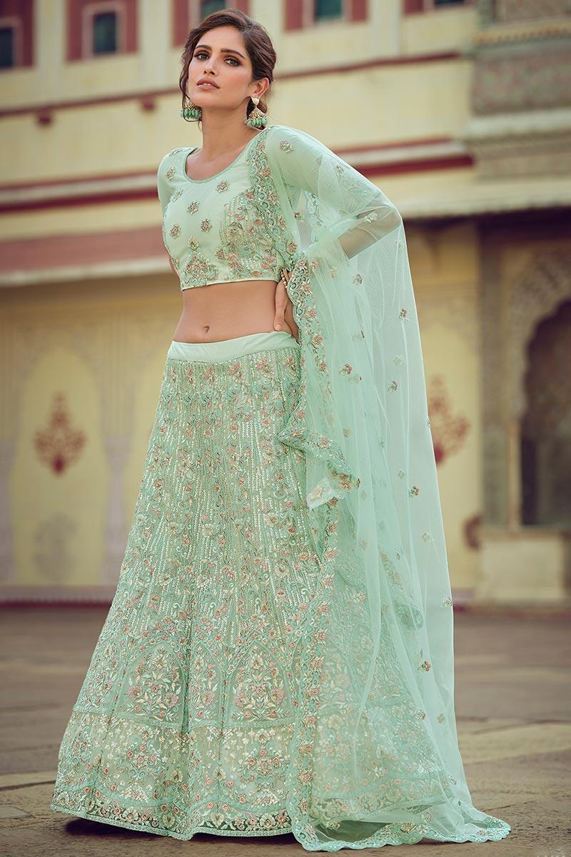 Divas Fashion Zari Embroidered Mint Green Lehenga LLCV09805