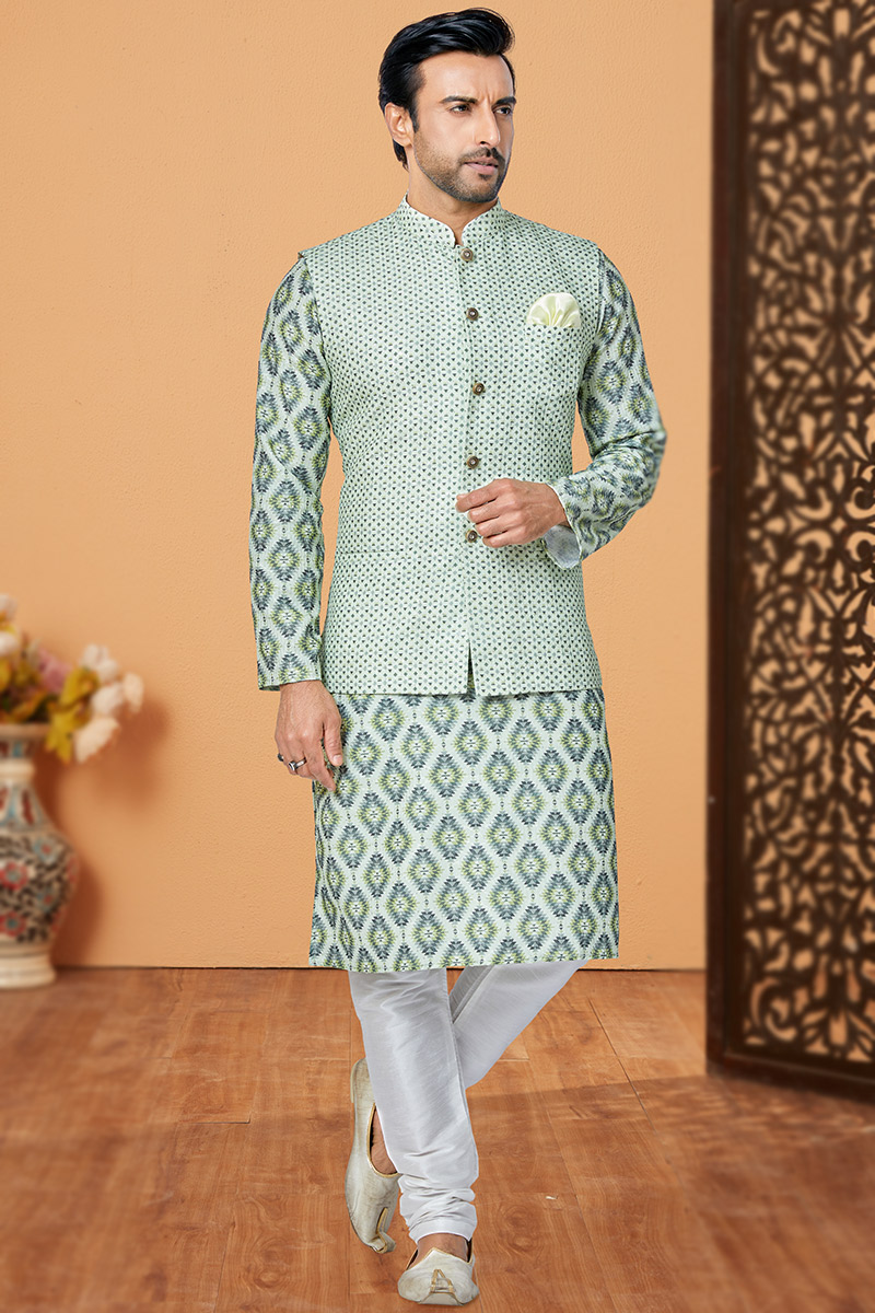 Mint Green Printed Art Silk Men's Kurta Churidar With Waistcoat