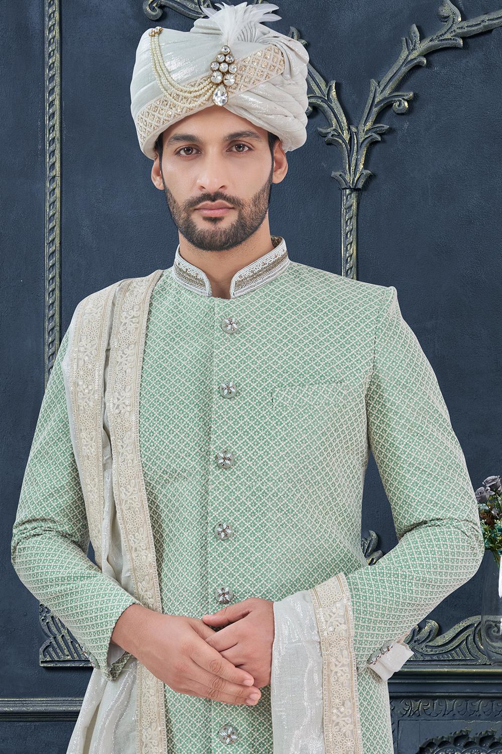 Mint Green Silk Blend Embroidered Jacket Style Men's Sherwani MSTV04679