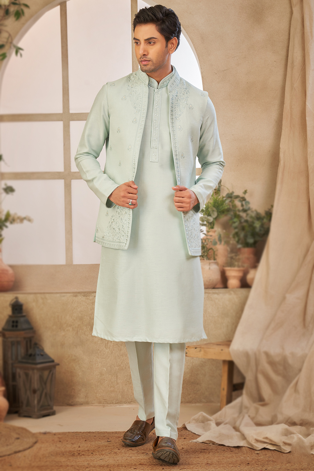 Mint Green Silk Men's Kurta Pajama With Embroidered Jacket MKPA07962