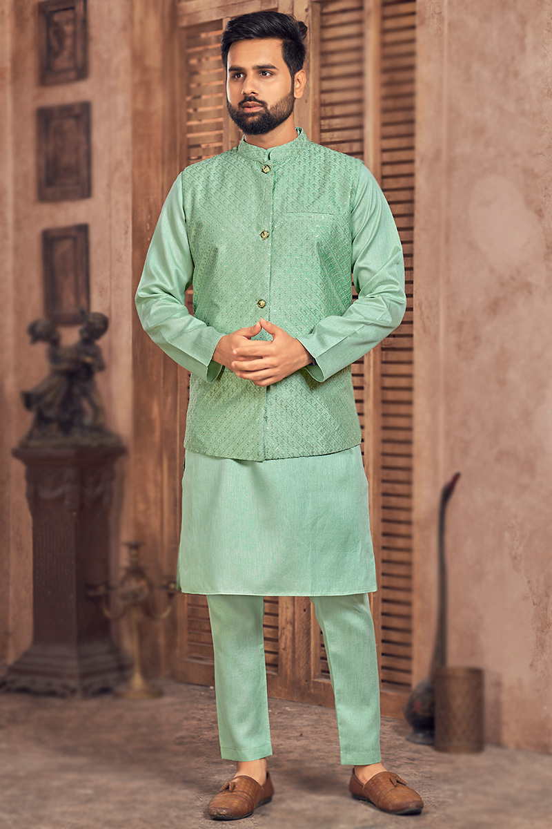 Mint Green Straight Cut Silk Men's Kurta Pajama With Waist Coat