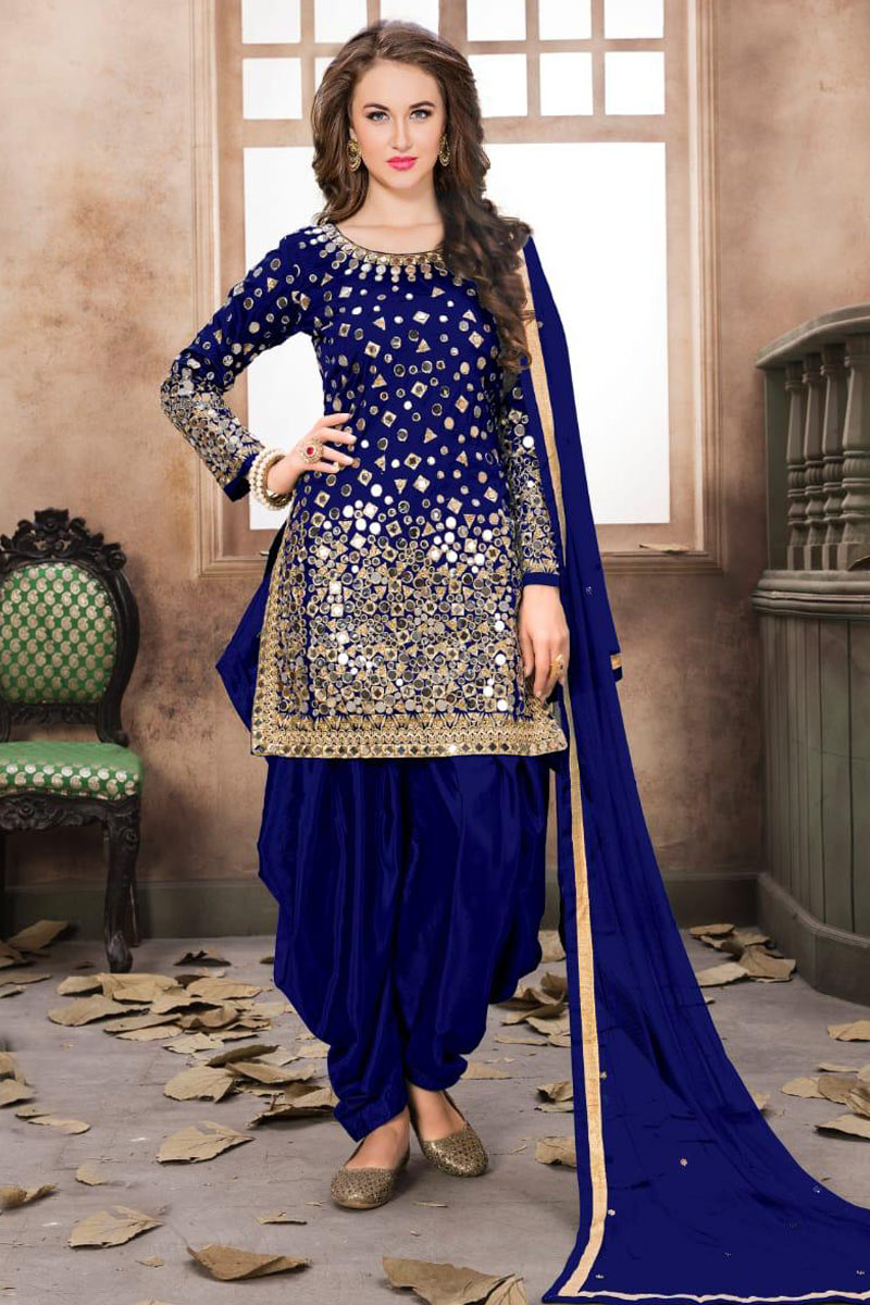Grab the stylish Patiala Suit in Royal Blue Embroidered Fabric