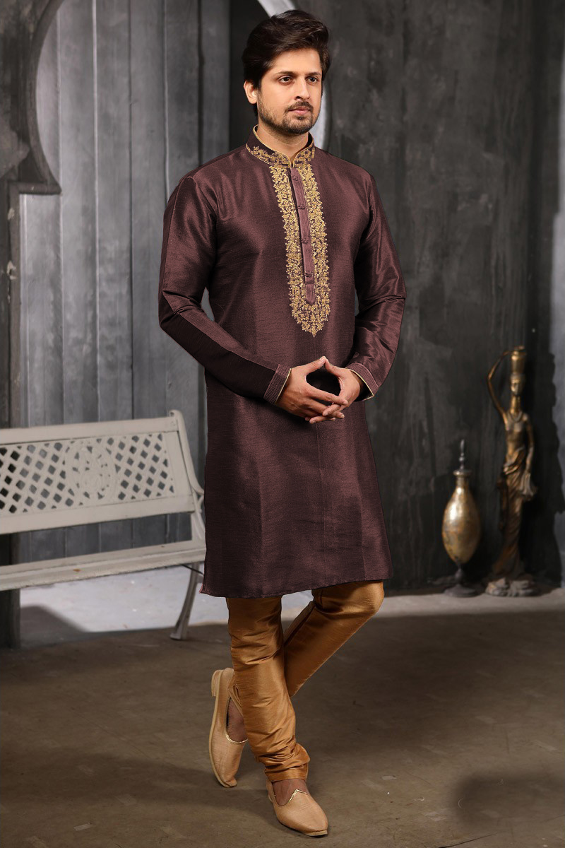 Eid Special Men Kurta In Dark Brown With Churidar