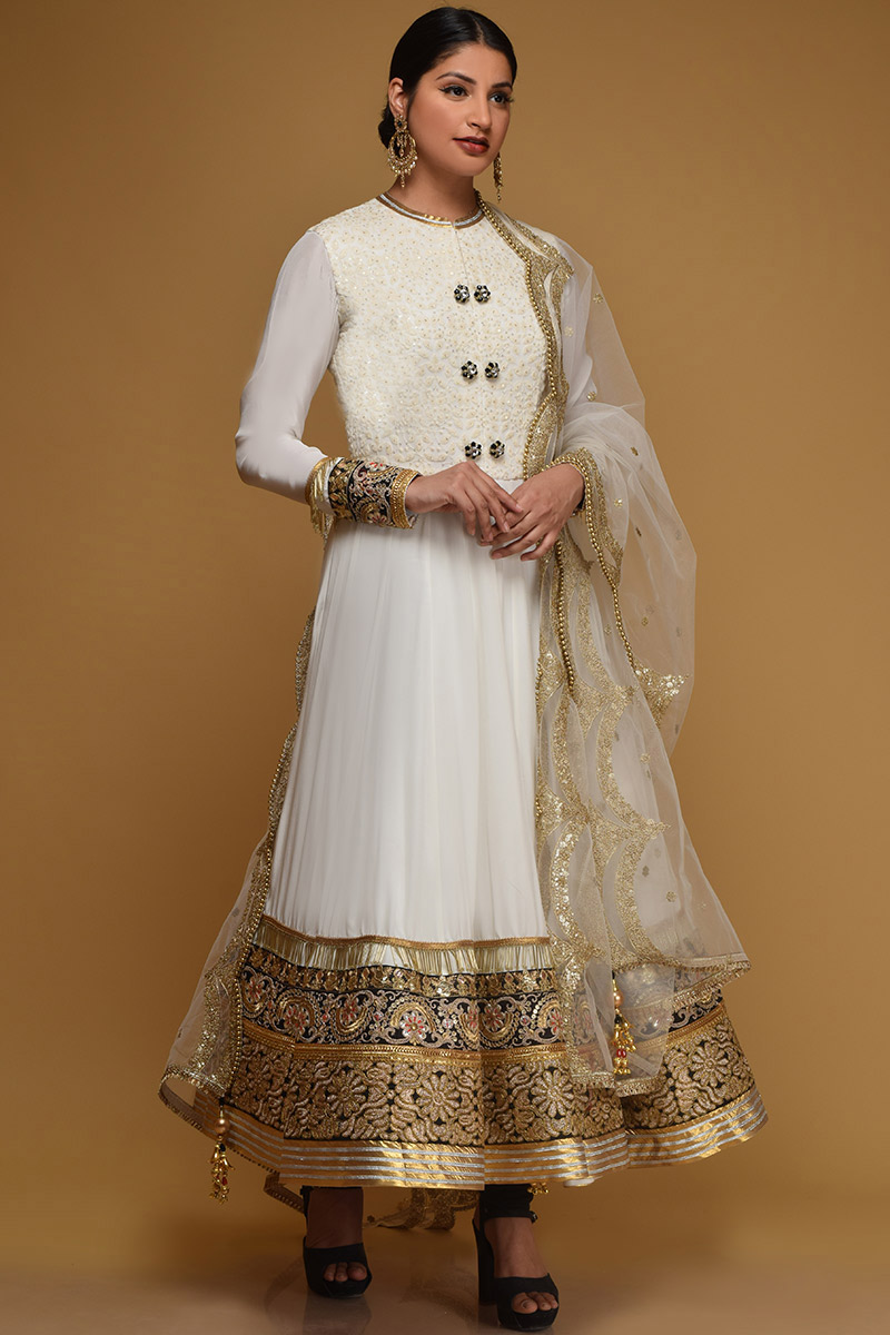 Andaaz Fashion Women's Modest Wear Ivory Soft Silk Designer Anarkali Salwar Suit for Wedding Andaaz Fashion Women's Modest Wear Ivory Soft Silk Designer Anarkali Salwar Suit for Wedding