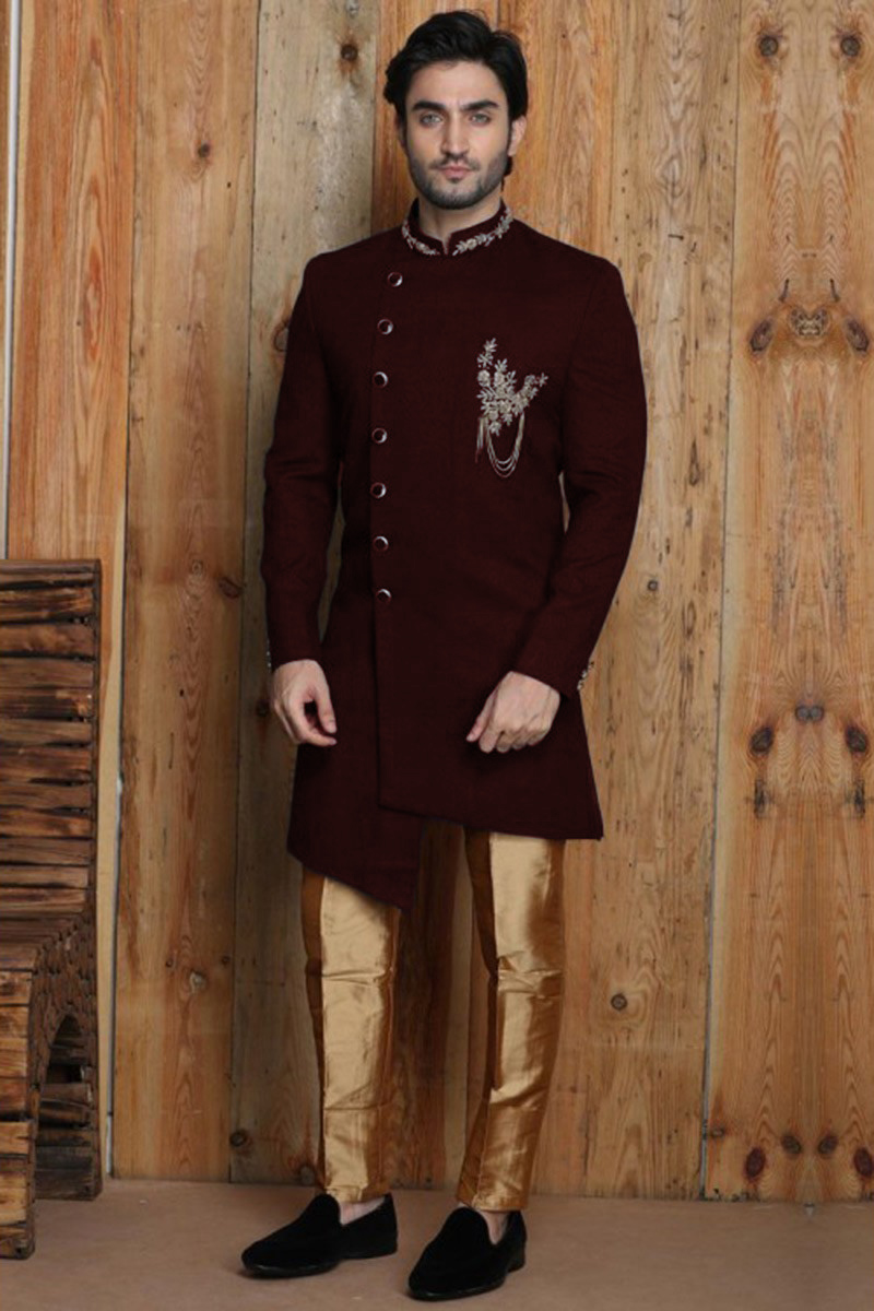 Buy Angrakha Style Sherwani In Dark Maroon Colour Online