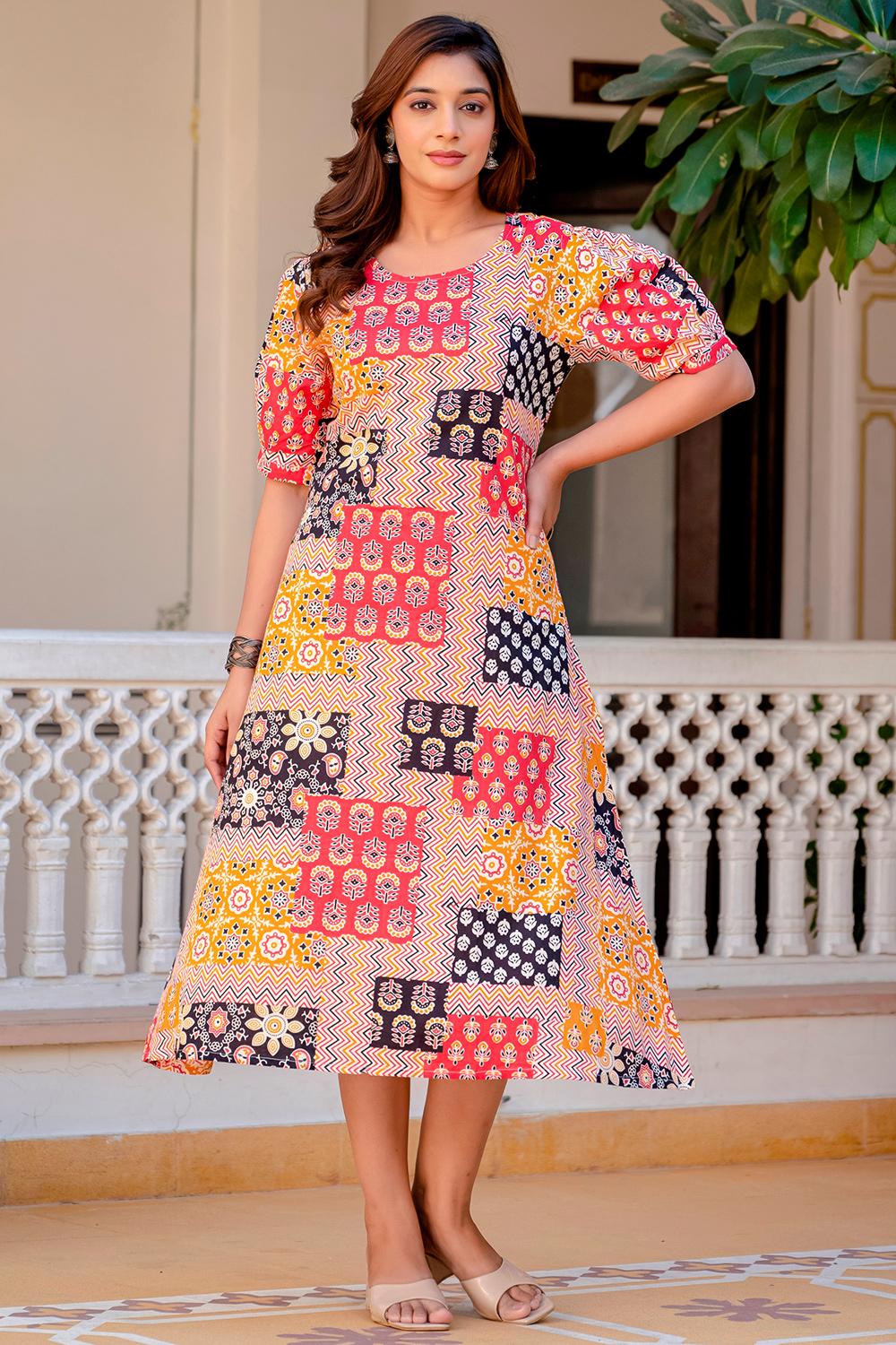 Multi Color Cotton Printed A Line Kurti LKV004088