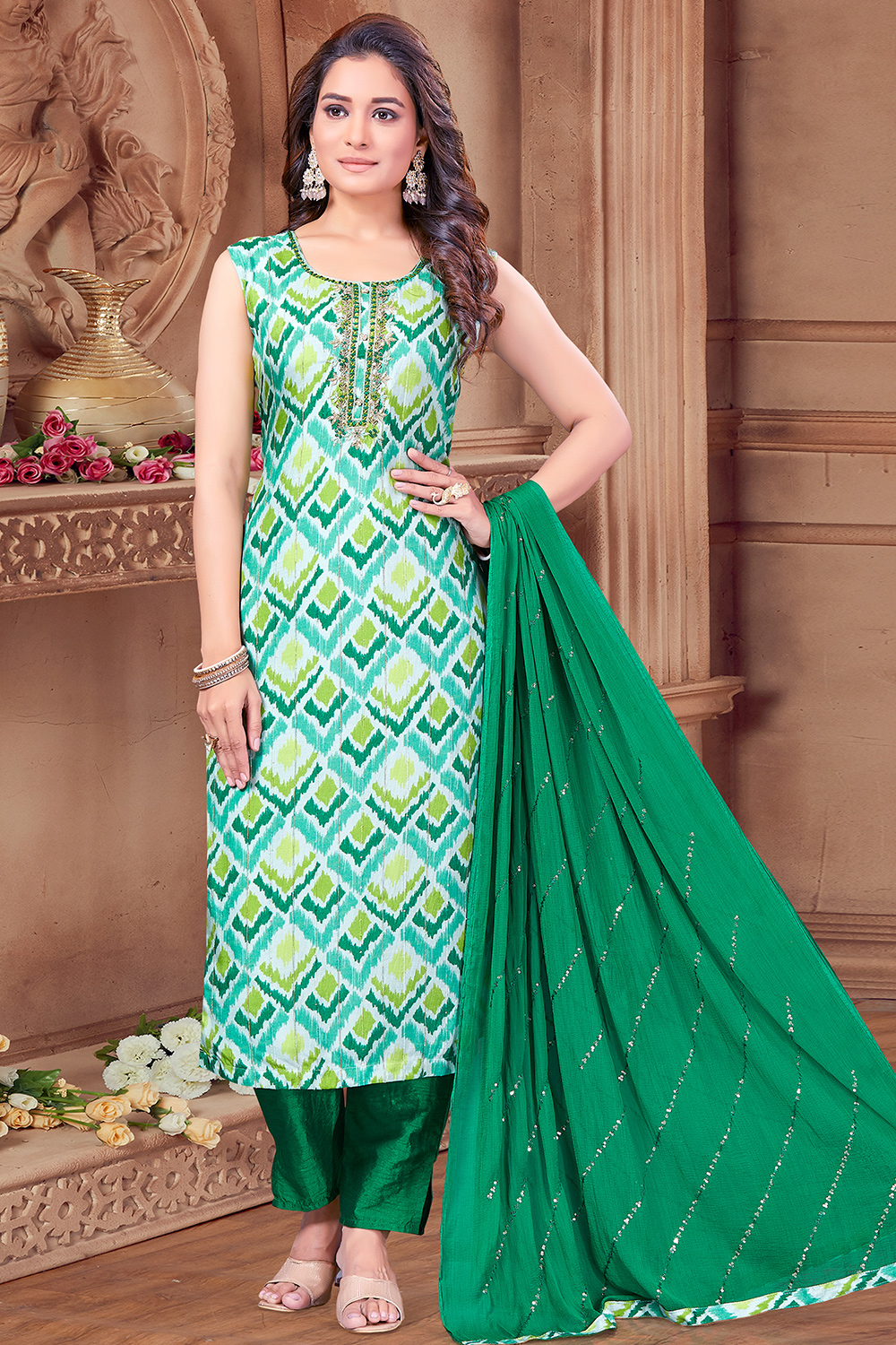 Multi Color Cotton Silk Printed Trouser Suit For Festival - LSTV137627