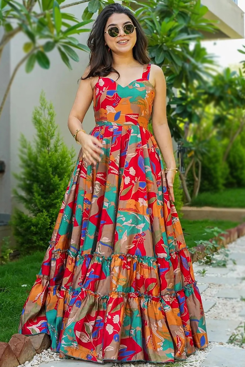 Multi Color Foil Print Rayon Long Gown