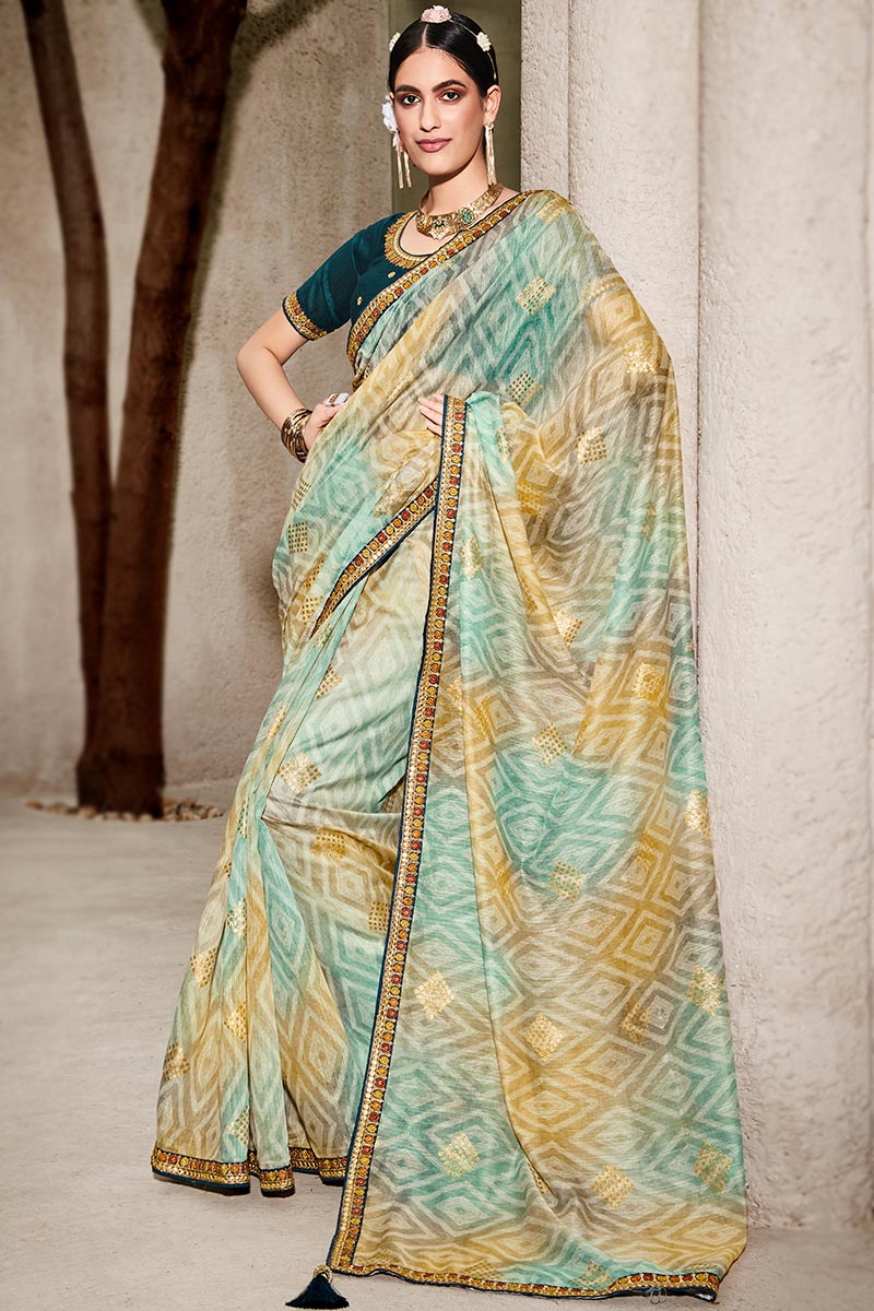 Multi Color Khadi Silk Printed Saree