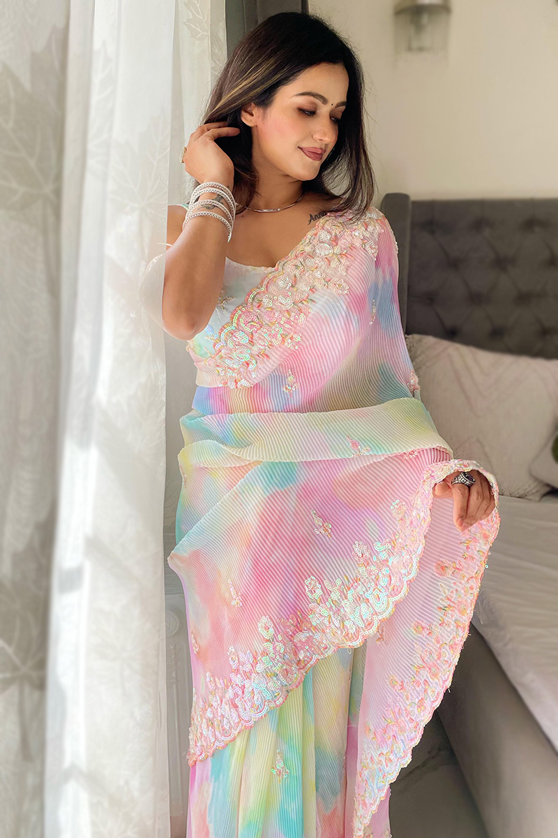 人気を誇る Color Multi Printed SARV180692 Saree Weight Light Georgette トライアルセット・サンプル