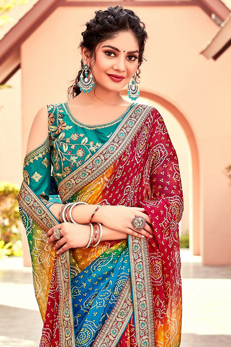 Multi Color Printed Traditional Chiffon Bandhej Saree SARV166677
